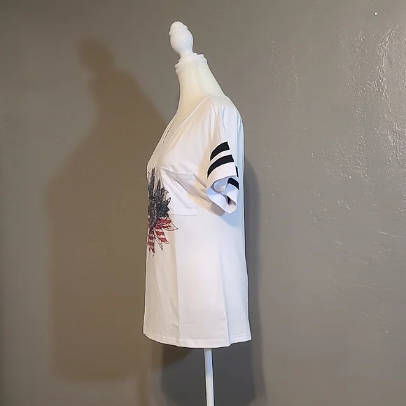 Cute Womens Small White Graphic Tee with Black Stripes and Relaxed Fit NWOT - Picture 2 of 9